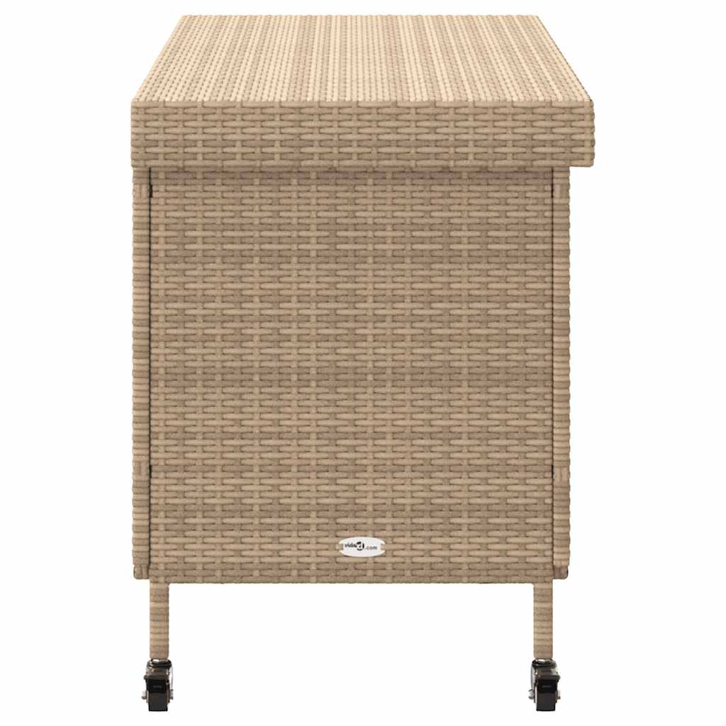 vidaXL Baúl de jardín con ruedas ratán sintético beige 110x55x73 cm