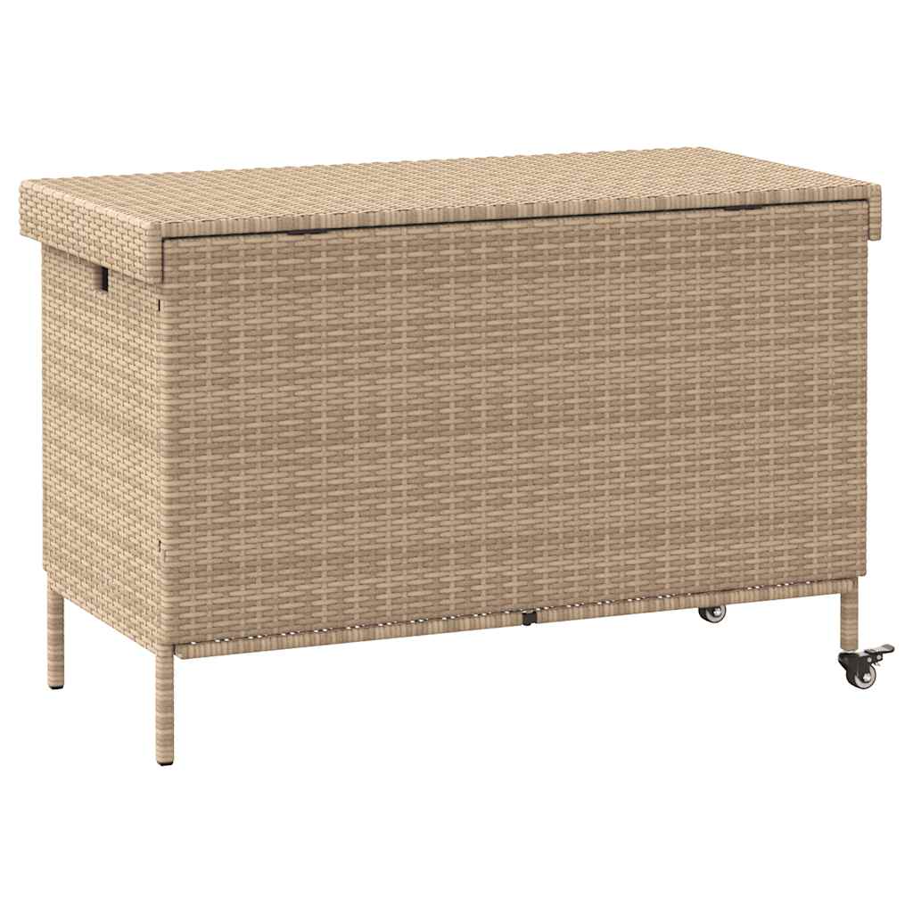 vidaXL Baúl de jardín con ruedas ratán sintético beige 110x55x73 cm