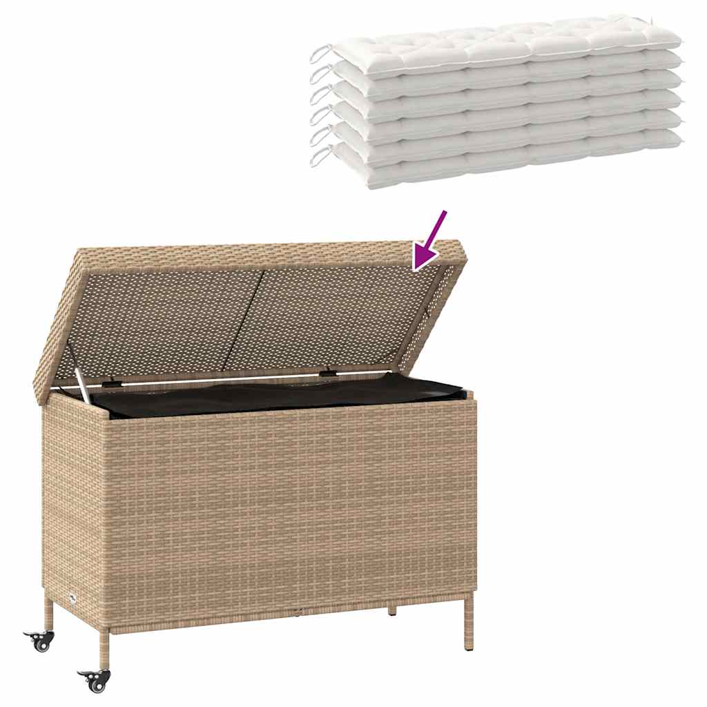 vidaXL Baúl de jardín con ruedas ratán sintético beige 110x55x73 cm