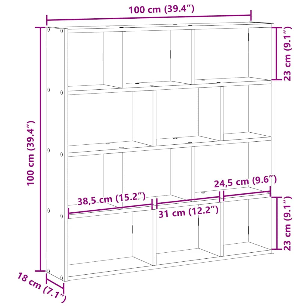 vidaXL Estante cubo de pared 12 compartimentos madera ingeniería negro