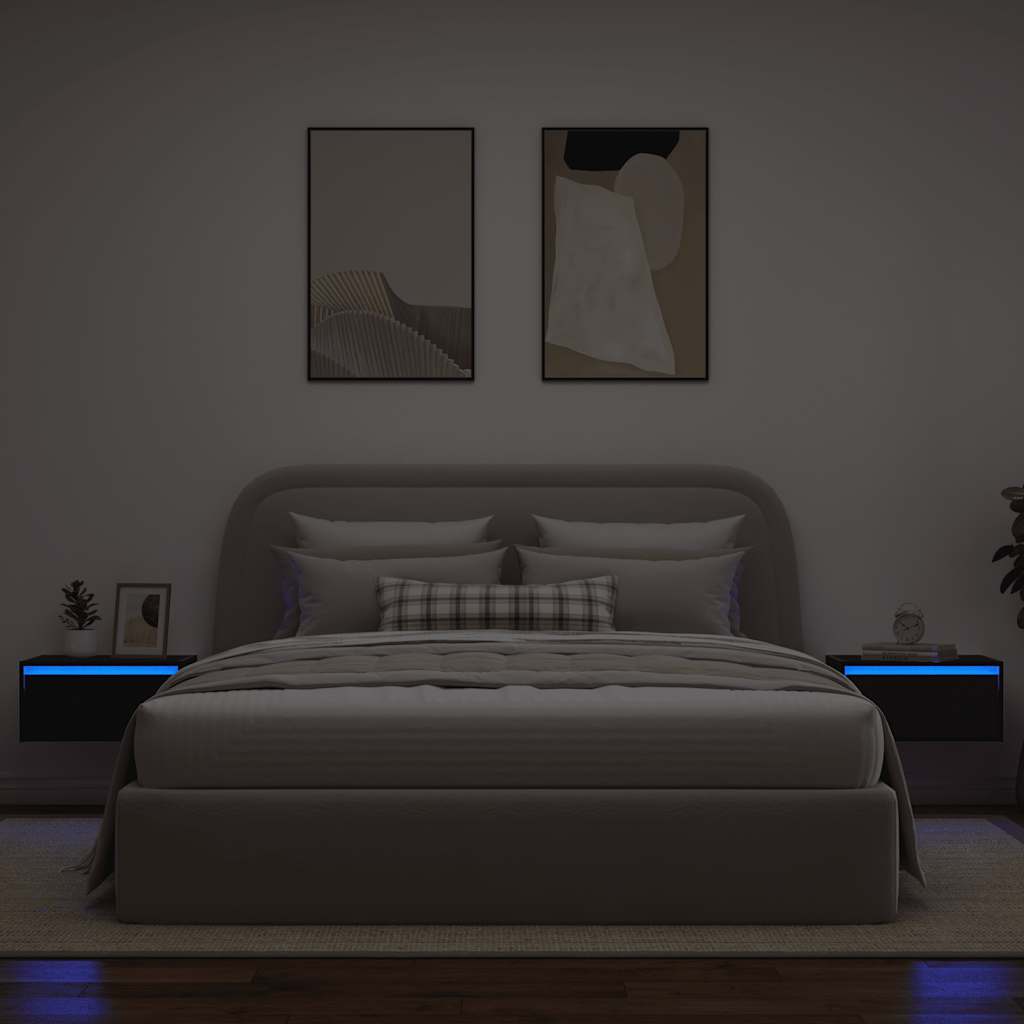 vidaXL Mesitas de noche de pared con luces LED 2 unidades roble negro