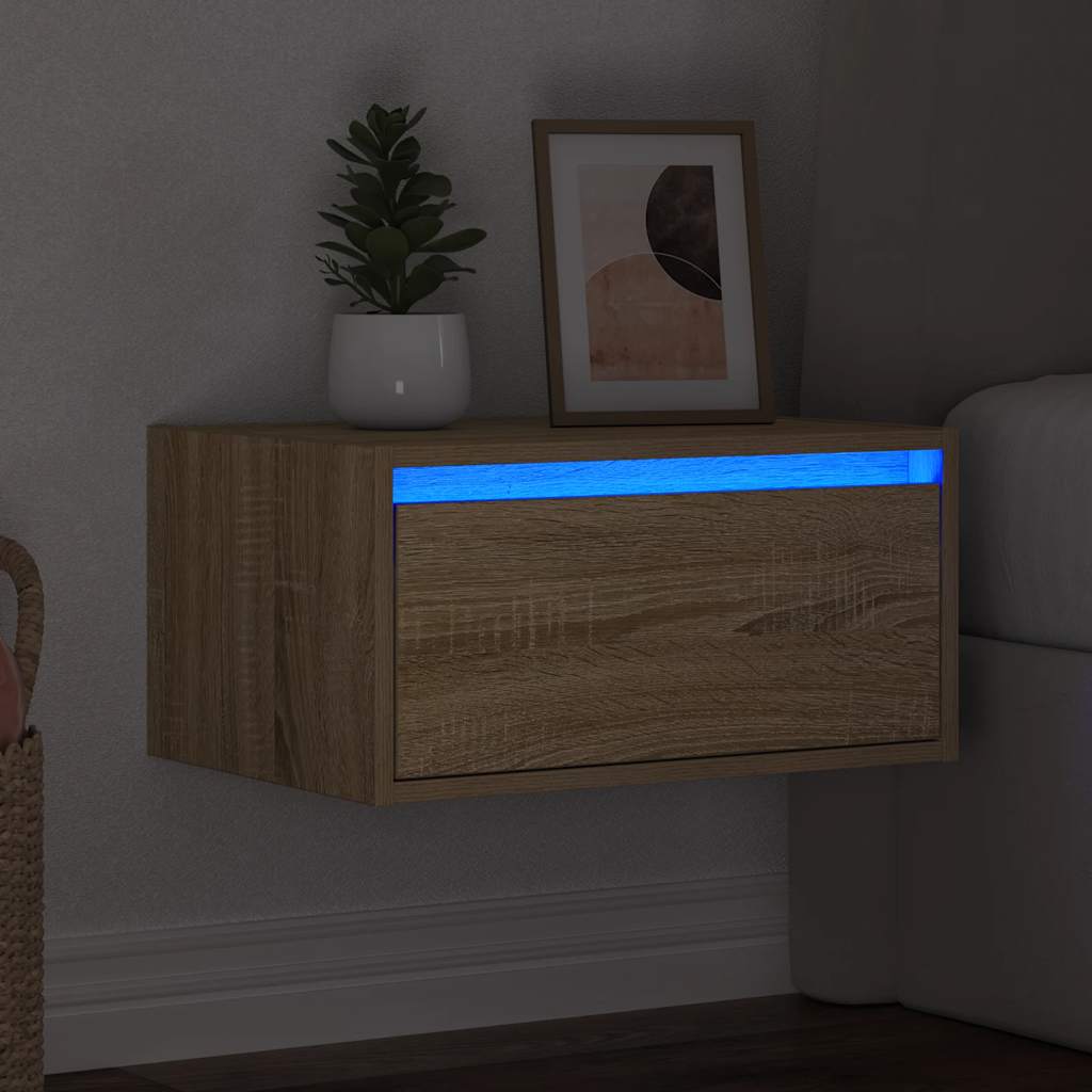 vidaXL Mesita de noche de pared con luces LED roble Sonoma