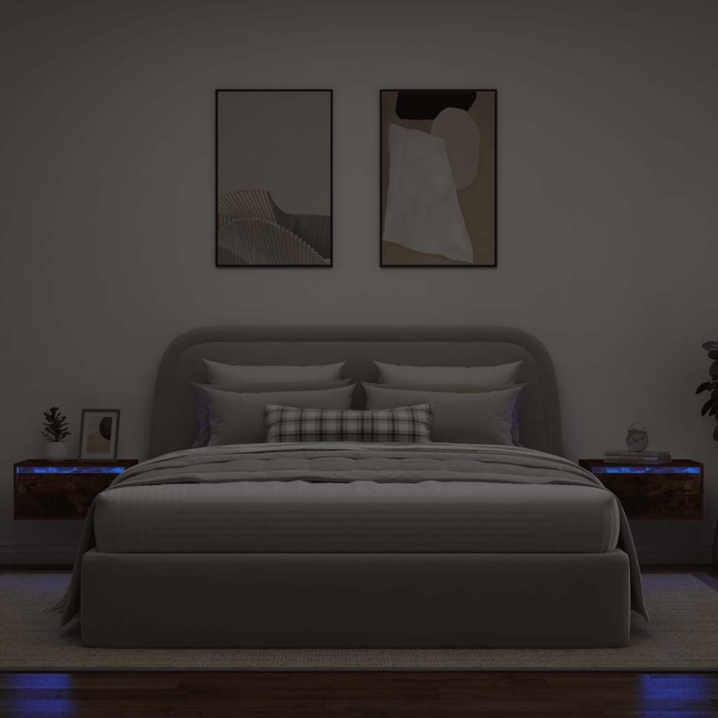 vidaXL Mesitas de noche de pared con luces LED 2 uds roble ahumado