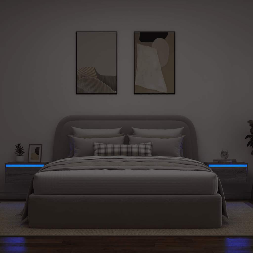 vidaXL Mesitas de noche de pared con luces LED 2 unidades gris Sonoma