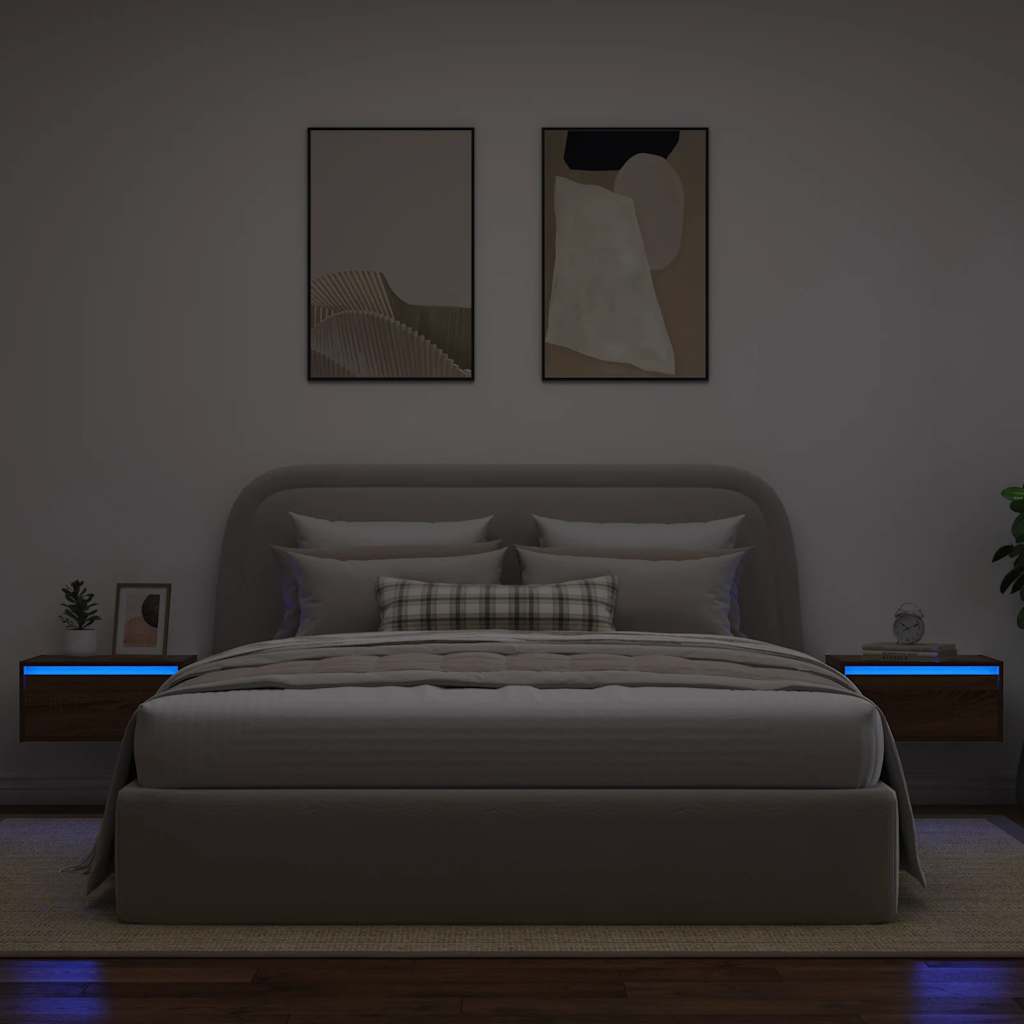 vidaXL Mesitas de noche de pared con luces LED 2 unidades roble marrón