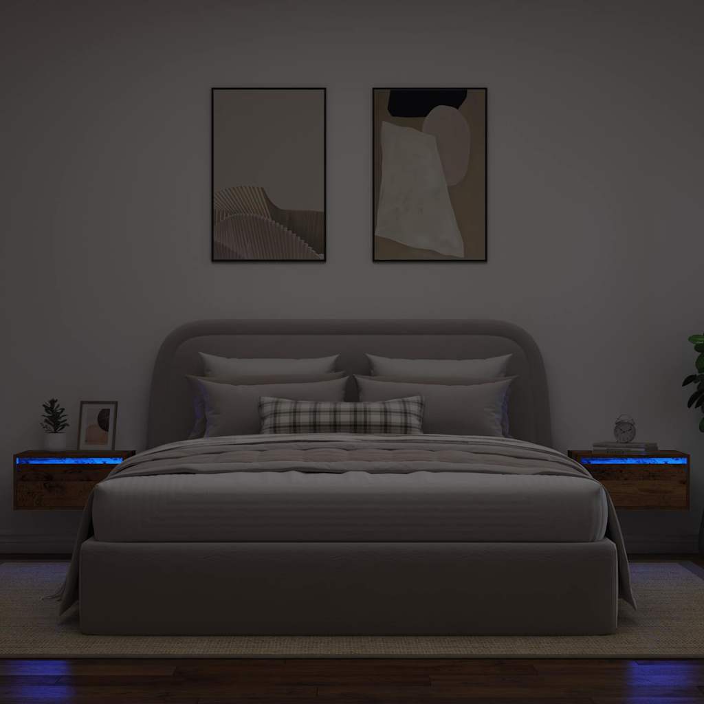 vidaXL Mesitas de noche de pared luces LED 2 unidades madera antigua