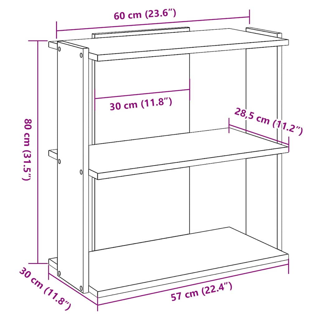 vidaXL Librería de 3 niveles madera gris hormigón 60x30x80 cm