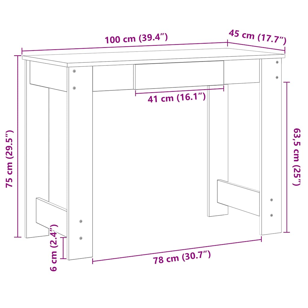 vidaXL Escritorio de madera contrachapada gris hormigón 100x45x75 cm