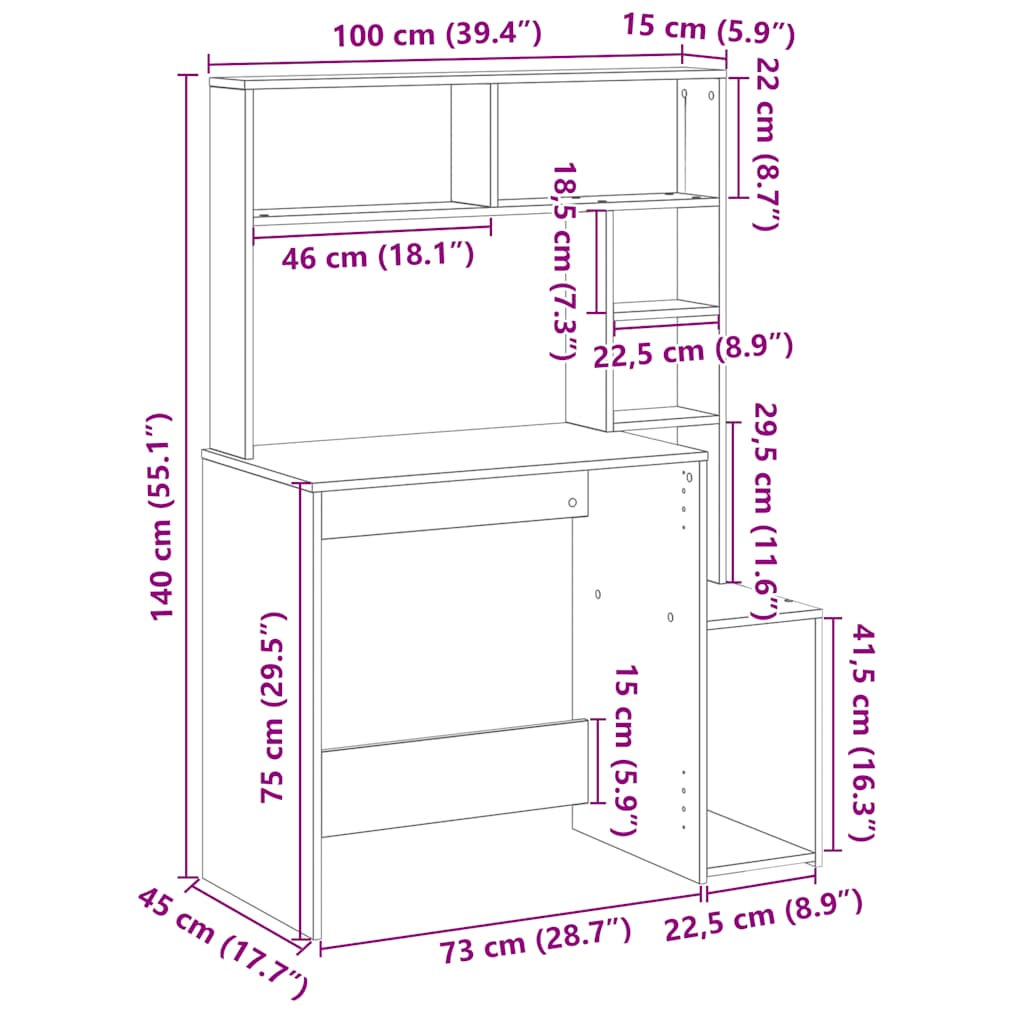 vidaXL Escritorio con estantes madera contrachapada negro 100x45x140cm