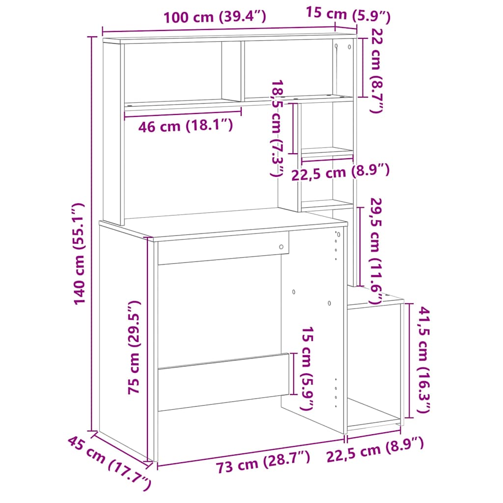 vidaXL Escritorio estantes madera ingeniería envejecida 100x45x140 cm