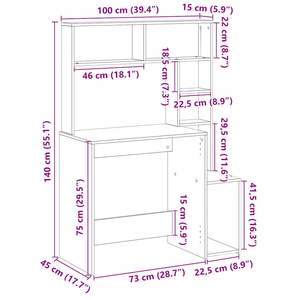 vidaXL Escritorio estantes madera roble artisian 100x45x140 cm