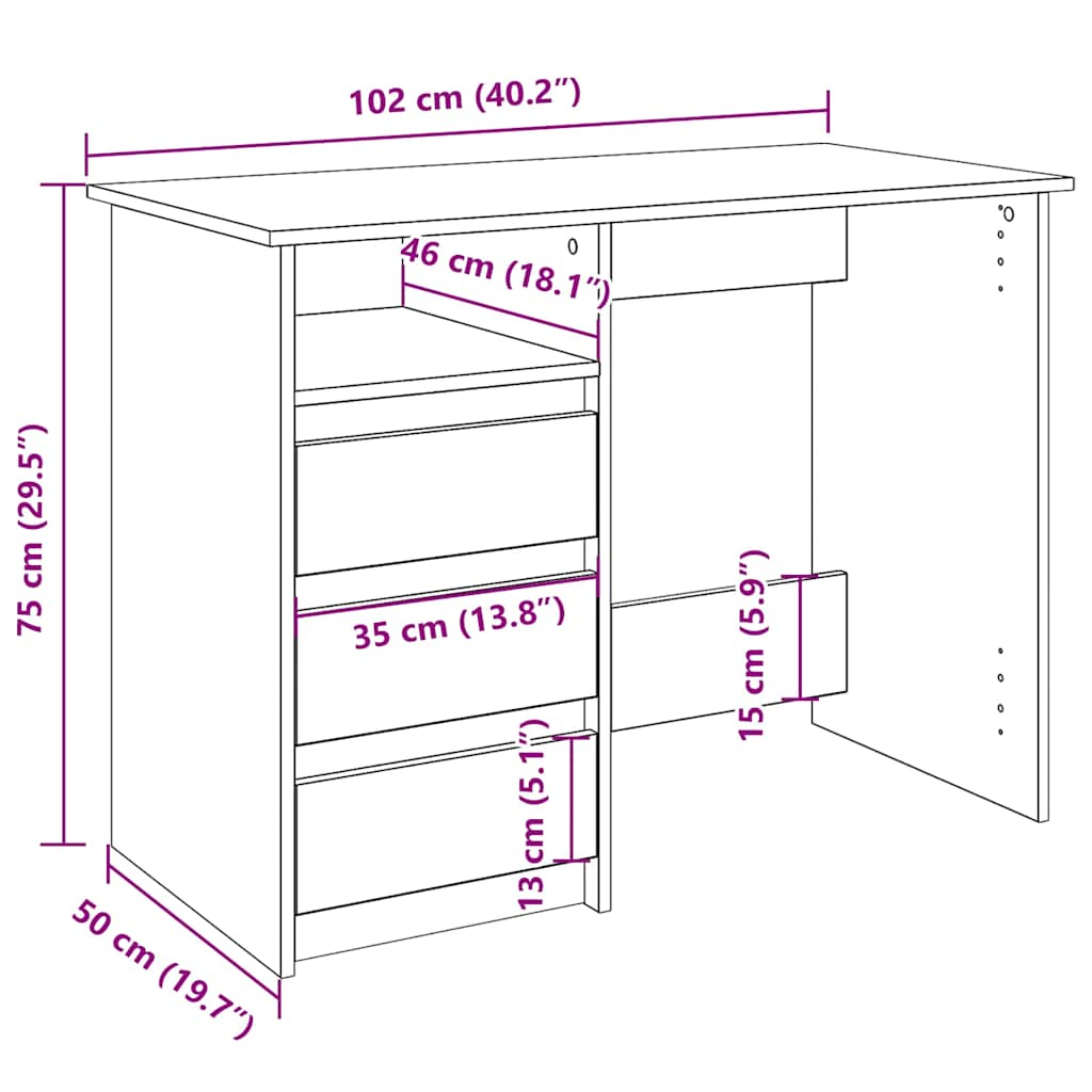 vidaXL Escritorio de madera de ingeniería roble Sonoma 102x50x75 cm