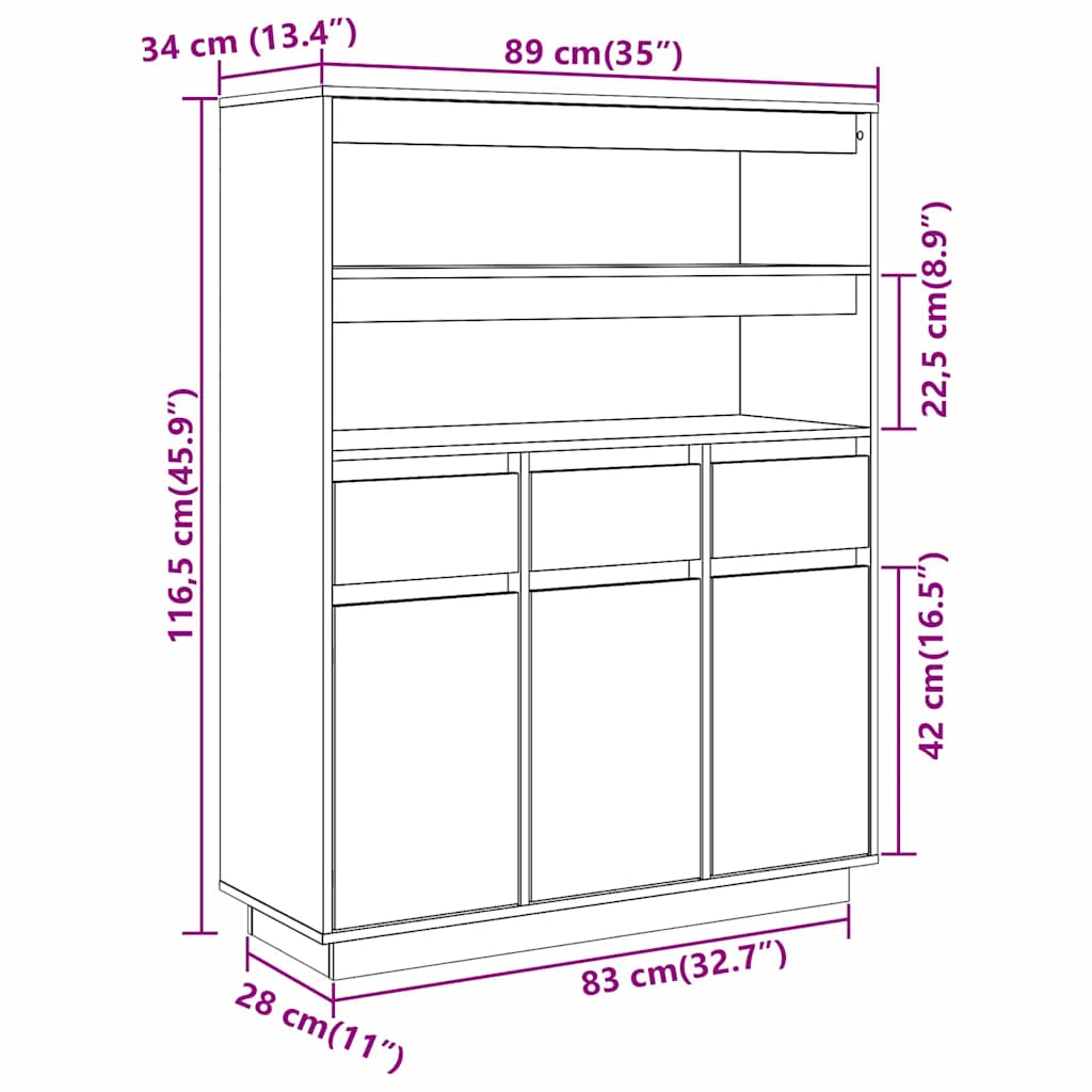 vidaXL Aparador alto de madera maciza de pino 89x34x116,5 cm