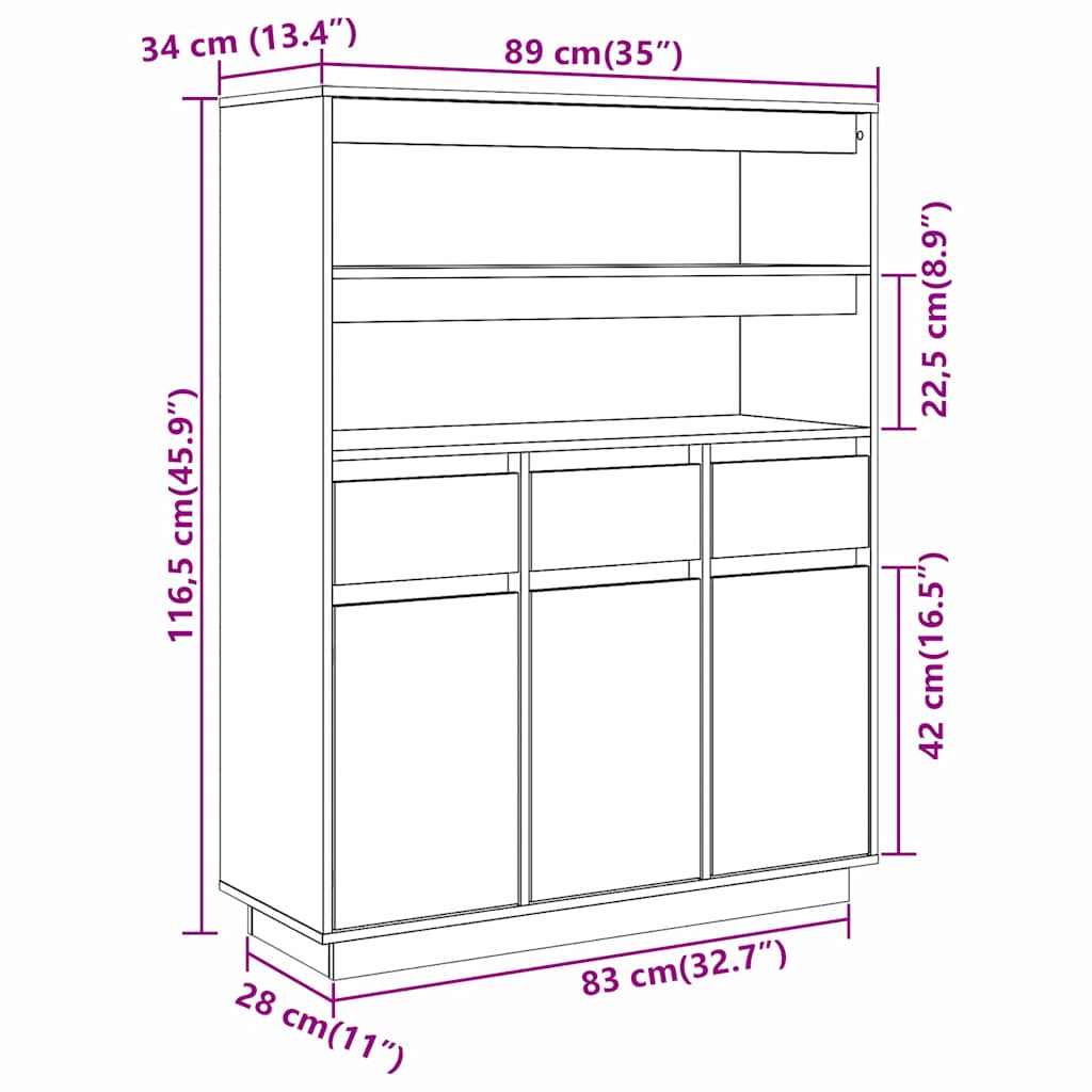 vidaXL Aparador alto de madera maciza de pino blanco 89x34x116,5 cm