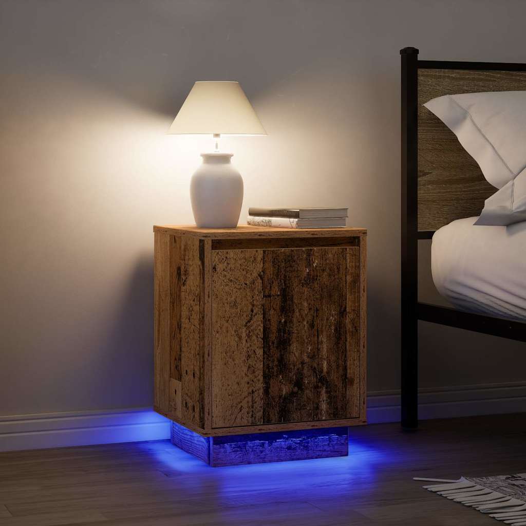 vidaXL Mesilla de noche con luces LED madera vieja 38x34x50 cm