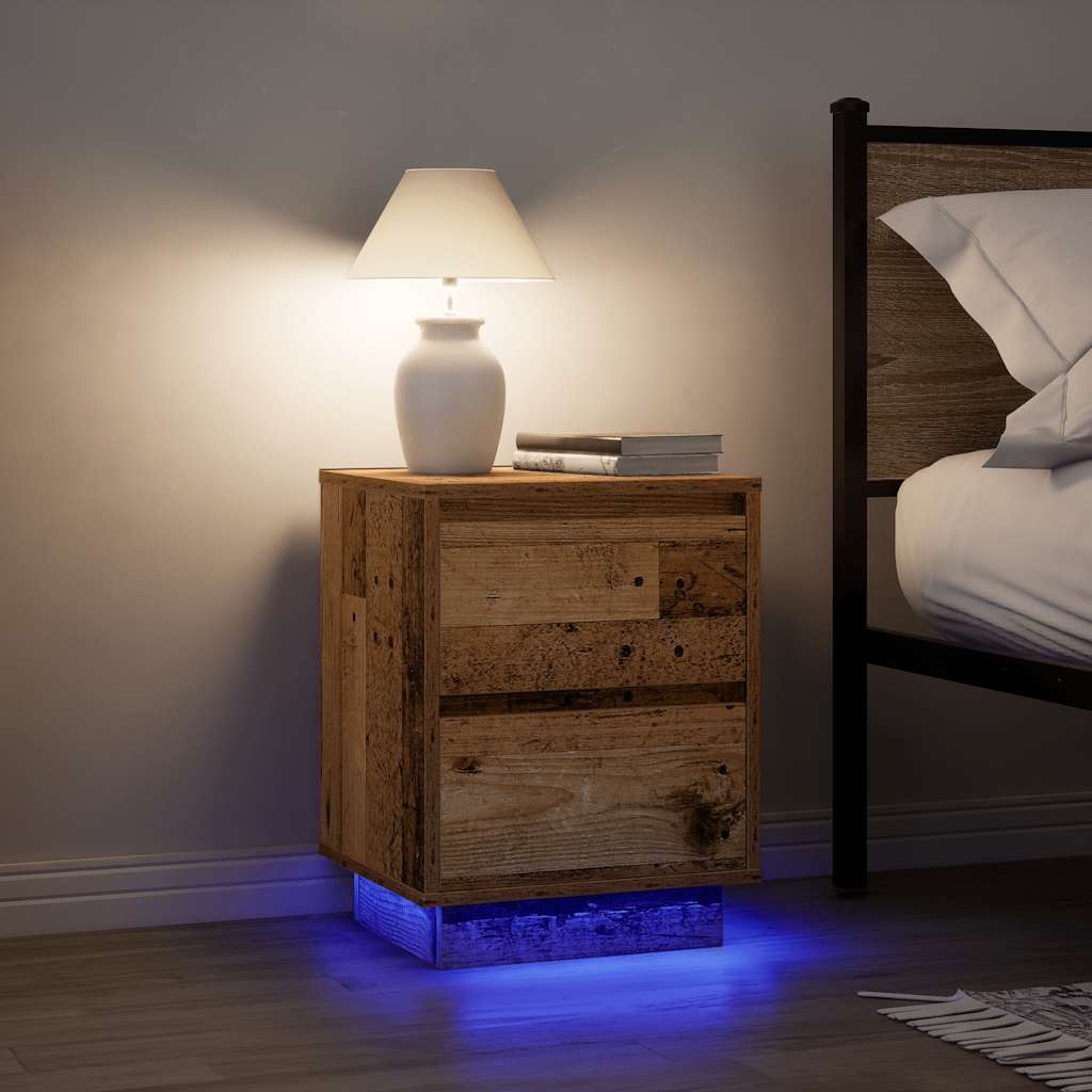 vidaXL Mesilla de noche con luces LED madera vieja 38x34x50 cm