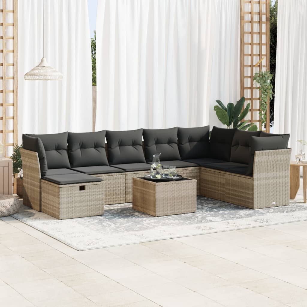 vidaXL Set muebles jardín 9 pzas y cojines ratán sintético gris claro