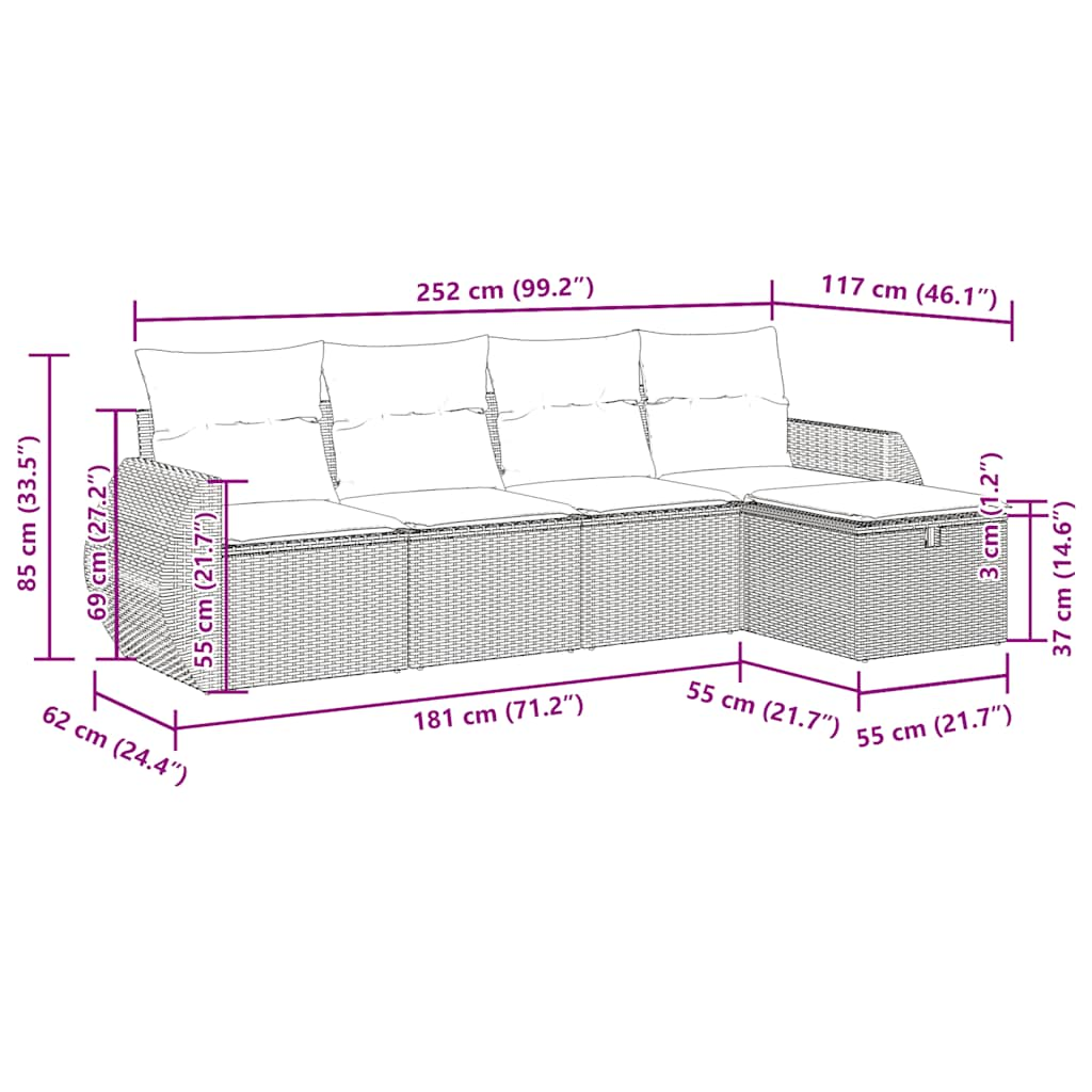 vidaXL Set comedor de jardín 5 piezas y cojines ratán sintético marrón