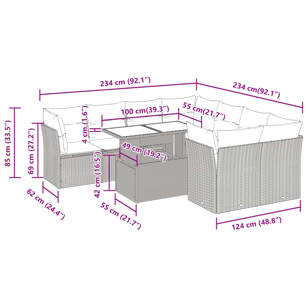 vidaXL Set de sofás de jardín con cojines 9 pzas ratán sintético beige