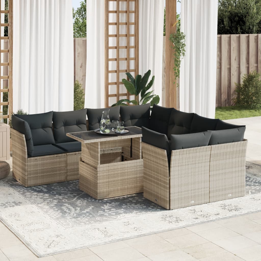 vidaXL Set muebles jardín 9 pzas y cojines ratán sintético gris claro