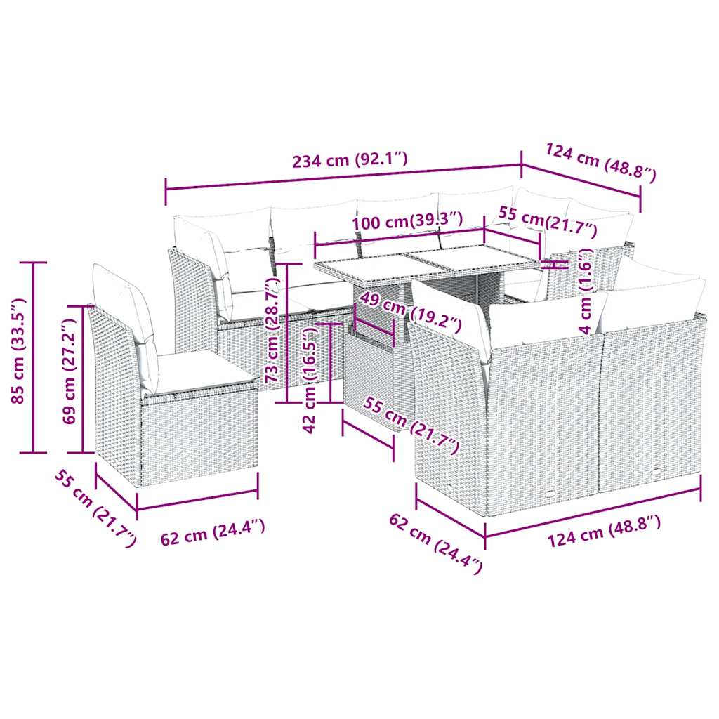 vidaXL Set de sofás de jardín 9 pzas y cojines ratán sintético marrón