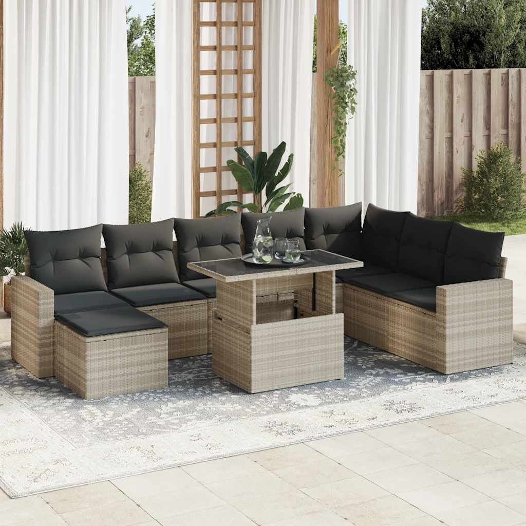 vidaXL Set muebles jardín 9 pzas y cojines ratán sintético gris claro