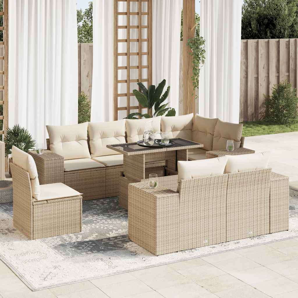 vidaXL Set de sofás de jardín con cojines 9 pzas ratán sintético beige