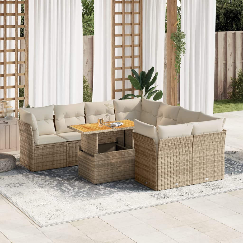 vidaXL Set de sofás de jardín con cojines 9 pzas ratán sintético beige