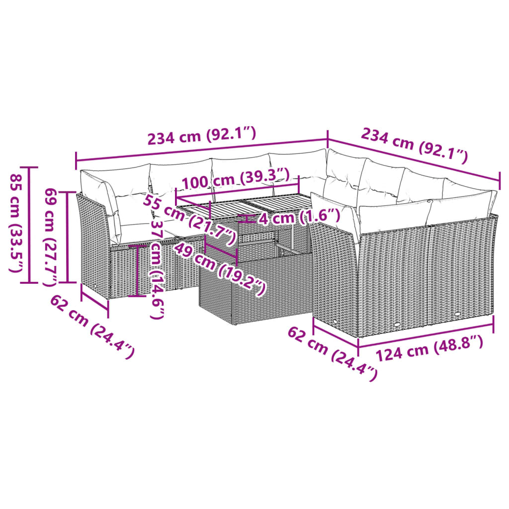 vidaXL Set de sofás de jardín con cojines 9 pzas ratán sintético beige