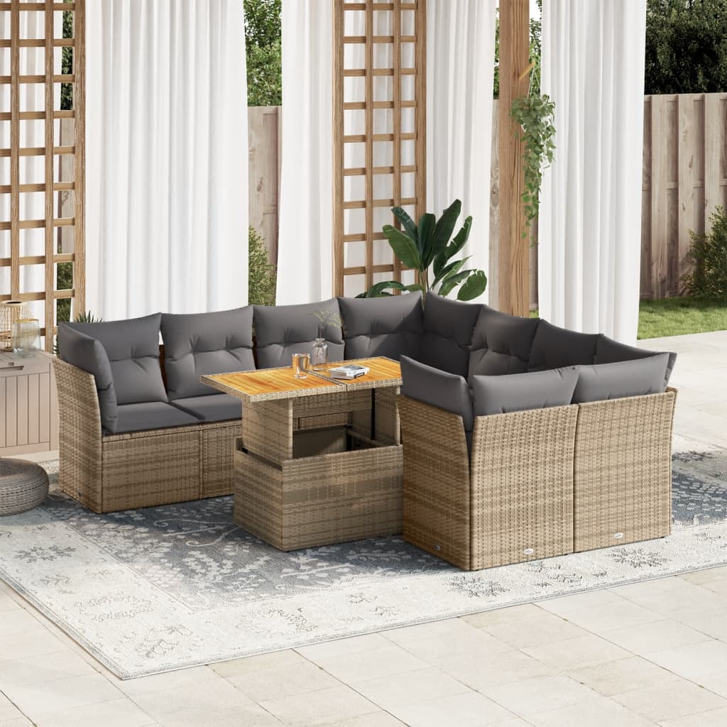 vidaXL Set de sofás de jardín con cojines 9 pzas ratán sintético beige