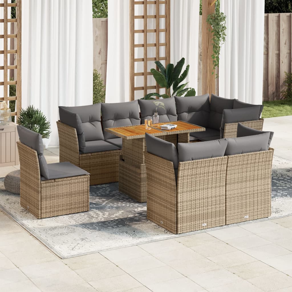 vidaXL Set de sofás de jardín con cojines 9 pzas ratán sintético beige