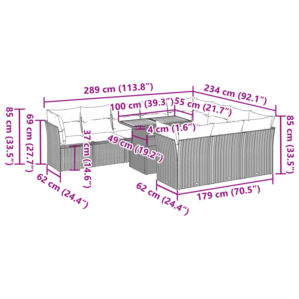 vidaXL Set de sofás de jardín 11 pzas y cojines ratán sintético gris