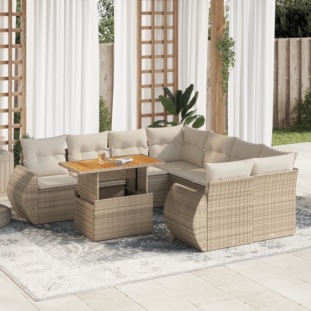 vidaXL Set de sofás de jardín con cojines 9 pzas ratán sintético beige