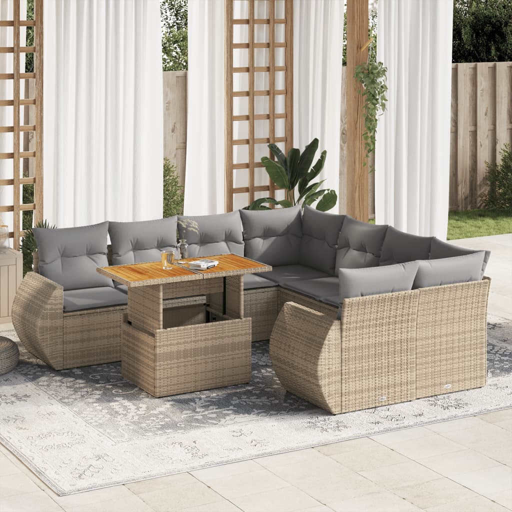 vidaXL Set de sofás de jardín con cojines 9 pzas ratán sintético beige