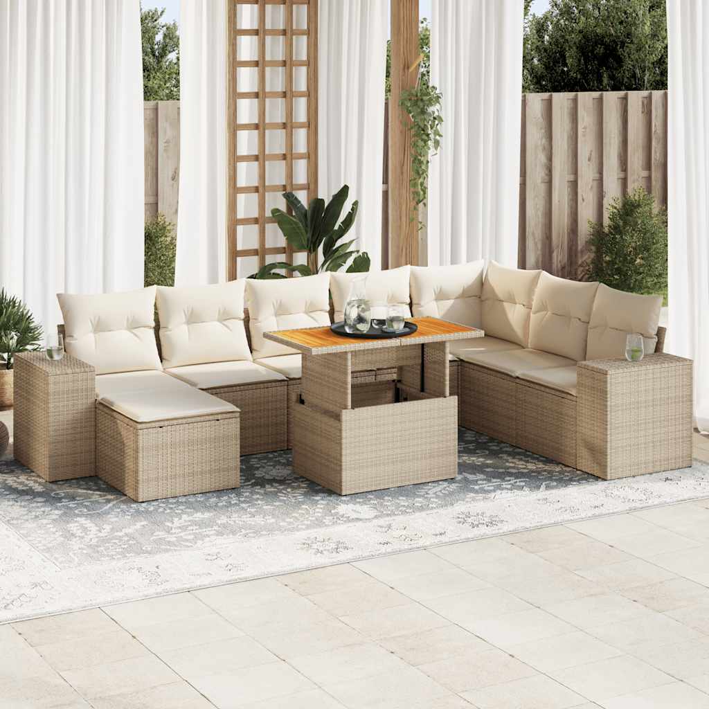 vidaXL Set sofás jardín y cojines 9 pzas ratán sintético acacia beige