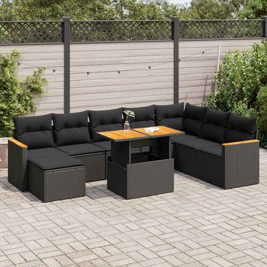 vidaXL Set sofás jardín y cojines 9 pzas ratán sintético acacia negro