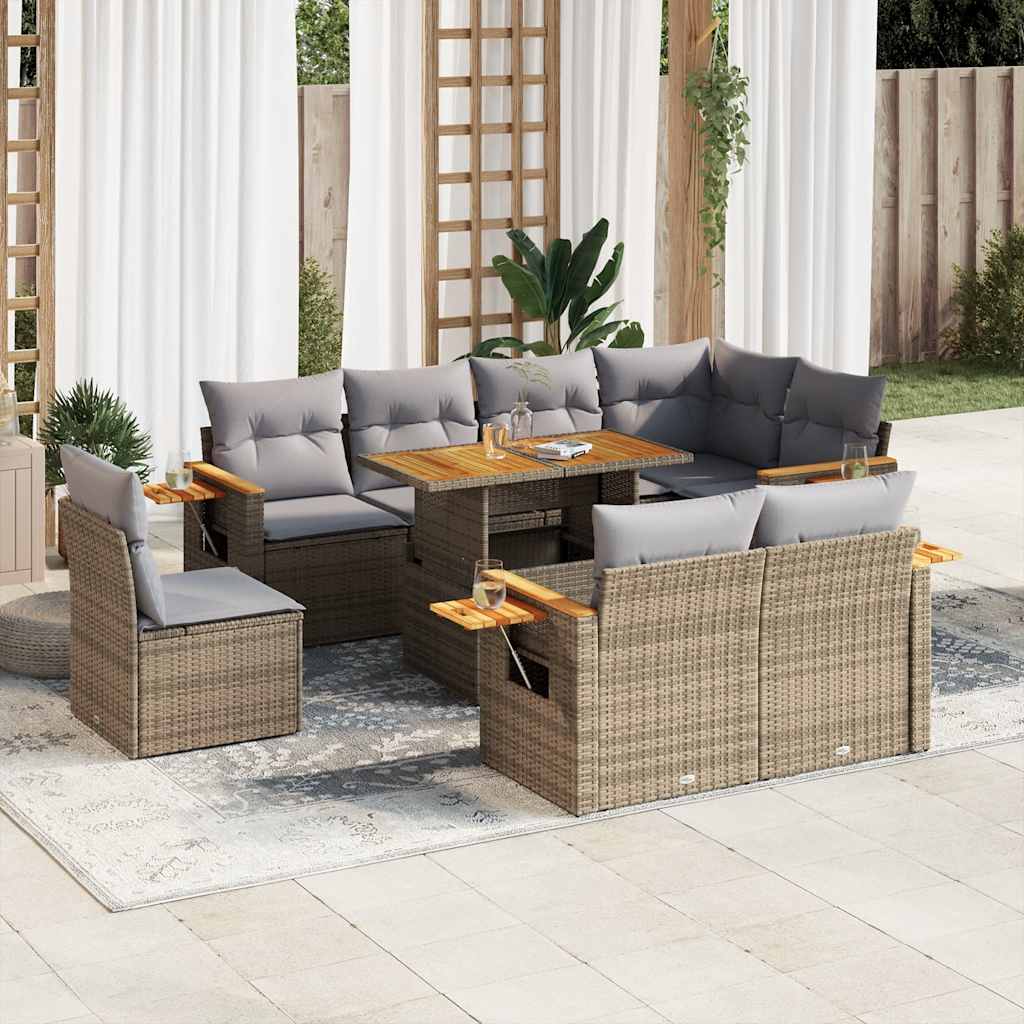 vidaXL Set sofás jardín y cojines 9 pzas ratán sintético acacia beige