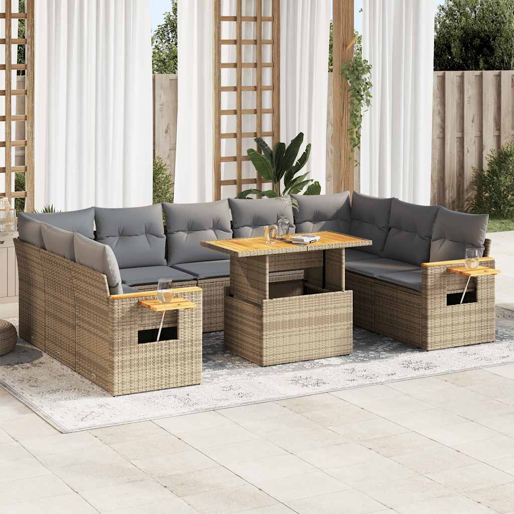 vidaXL Set sofás jardín y cojines 10 pzas ratán sintético acacia beige