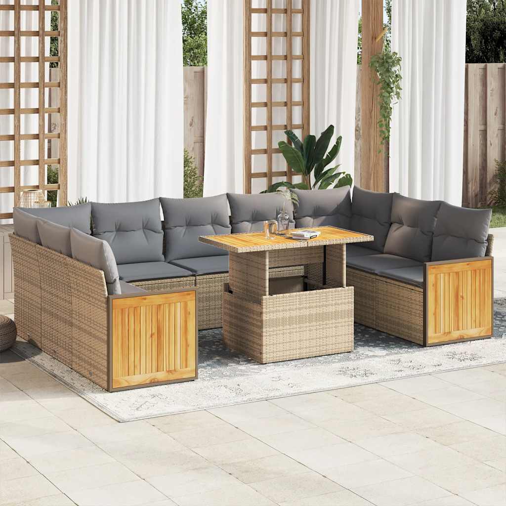 vidaXL Set sofás jardín y cojines 10 pzas ratán sintético acacia beige