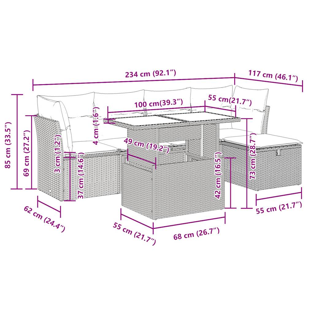 vidaXL Set de sofás de jardín 6 pzas y cojines ratán sintético gris