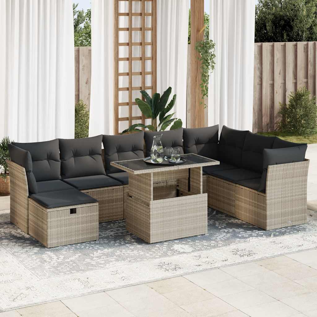 vidaXL Set muebles jardín 9 pzas y cojines ratán sintético gris claro