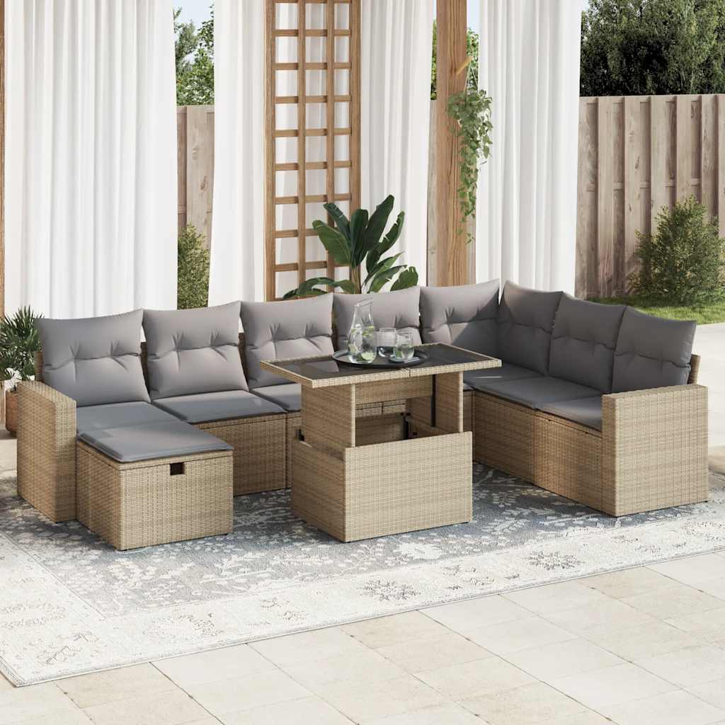 vidaXL Set de sofás de jardín con cojines 9 pzas ratán sintético beige