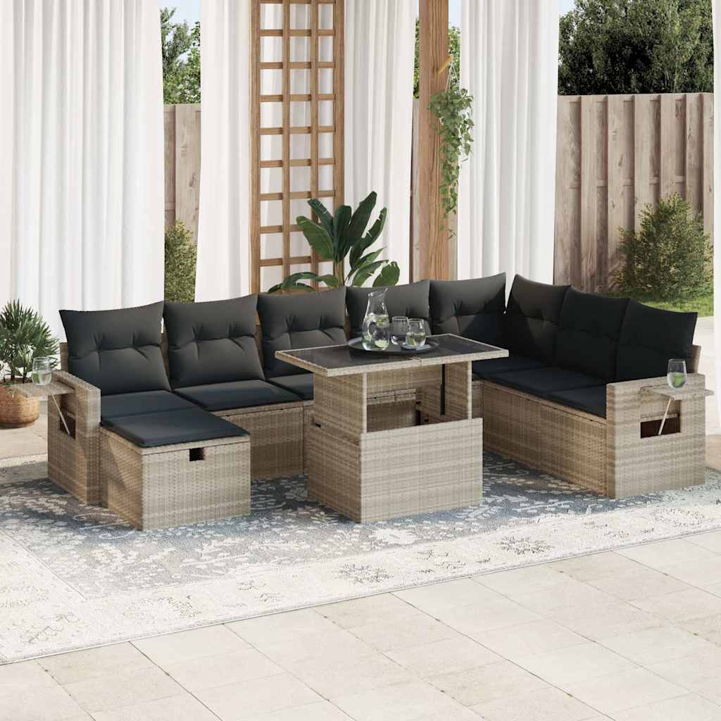 vidaXL Set muebles jardín 9 pzas y cojines ratán sintético gris claro