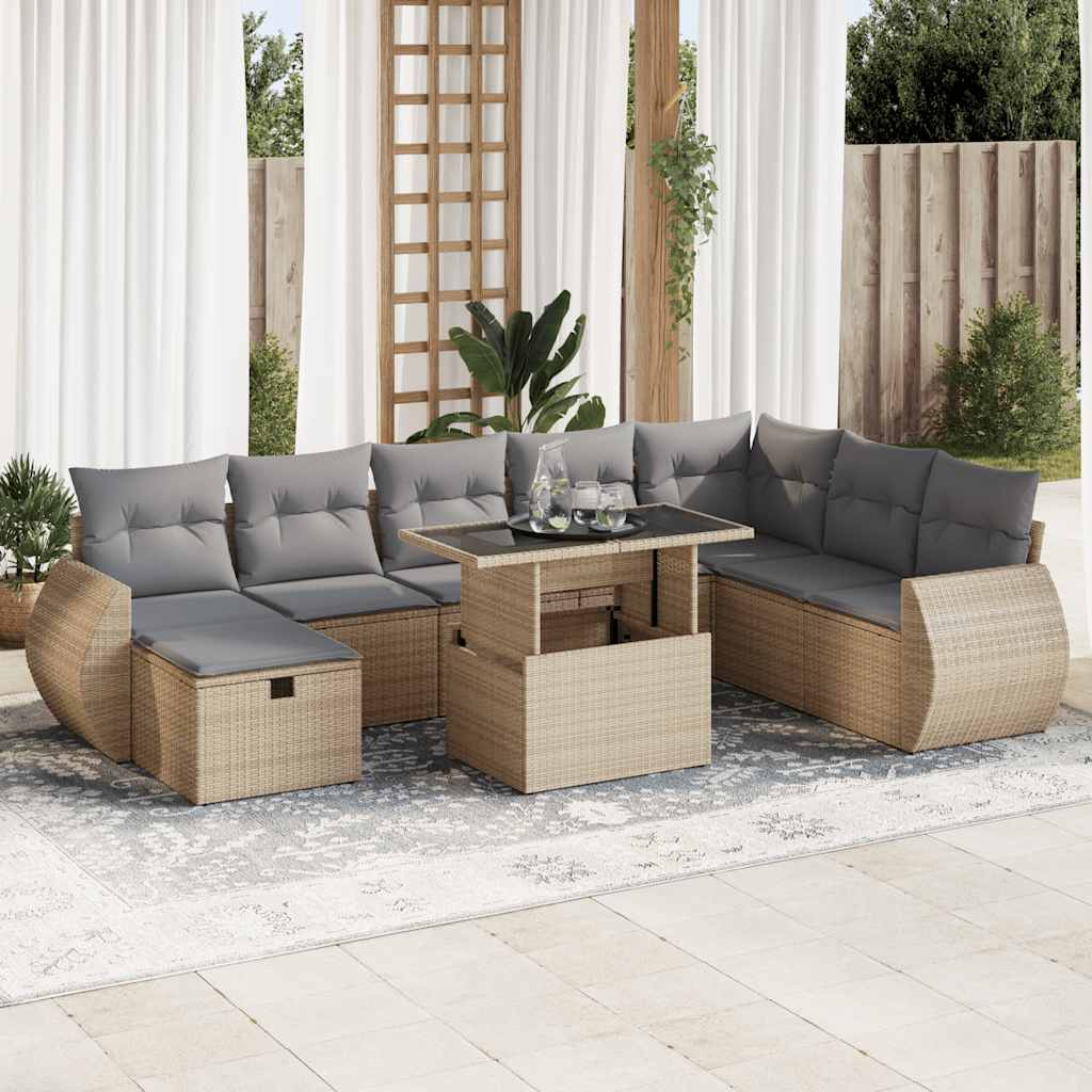 vidaXL Set de sofás de jardín con cojines 9 pzas ratán sintético beige