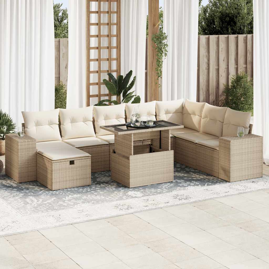 vidaXL Set de sofás de jardín con cojines 9 pzas ratán sintético beige