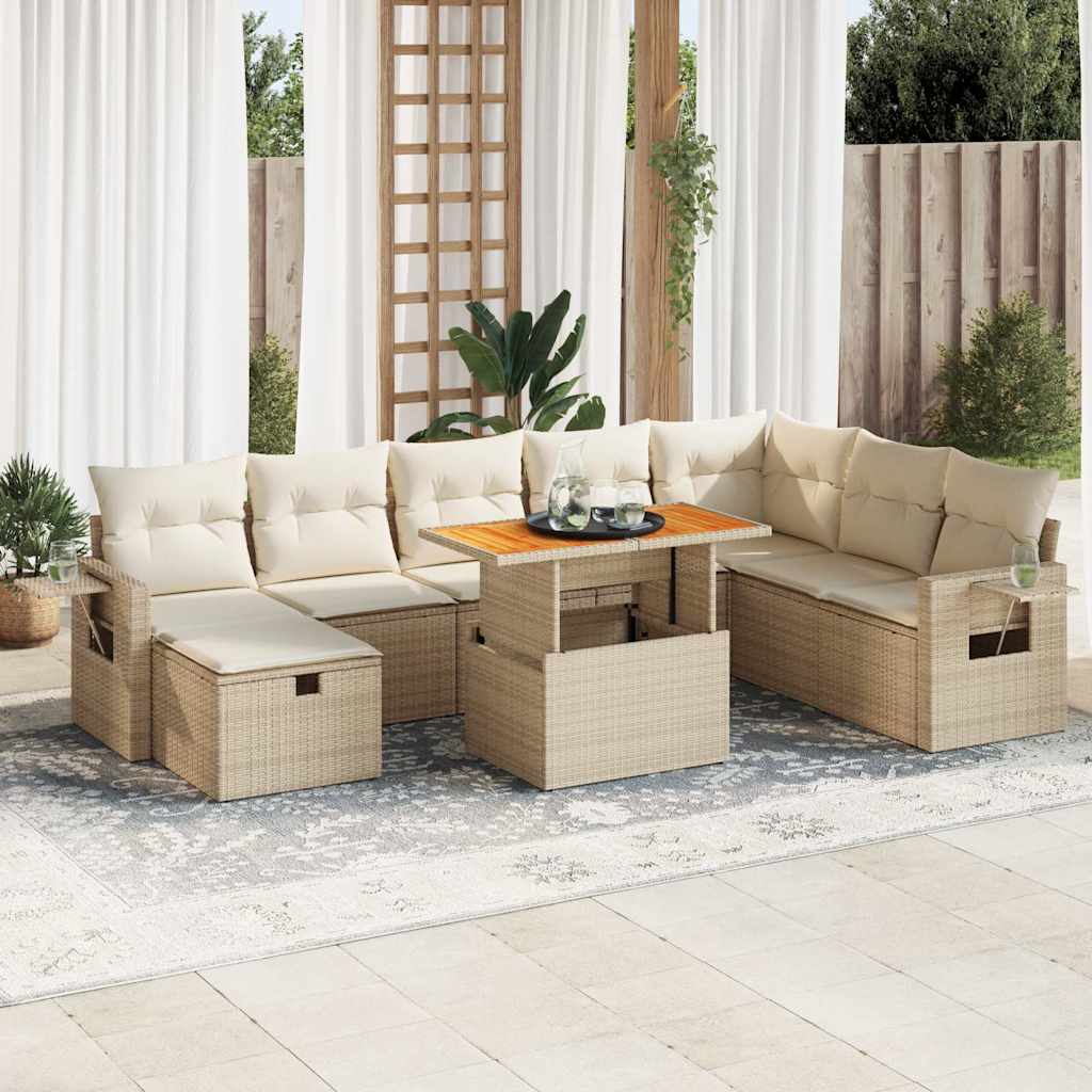 vidaXL Set sofás jardín y cojines 9 pzas ratán sintético acacia beige