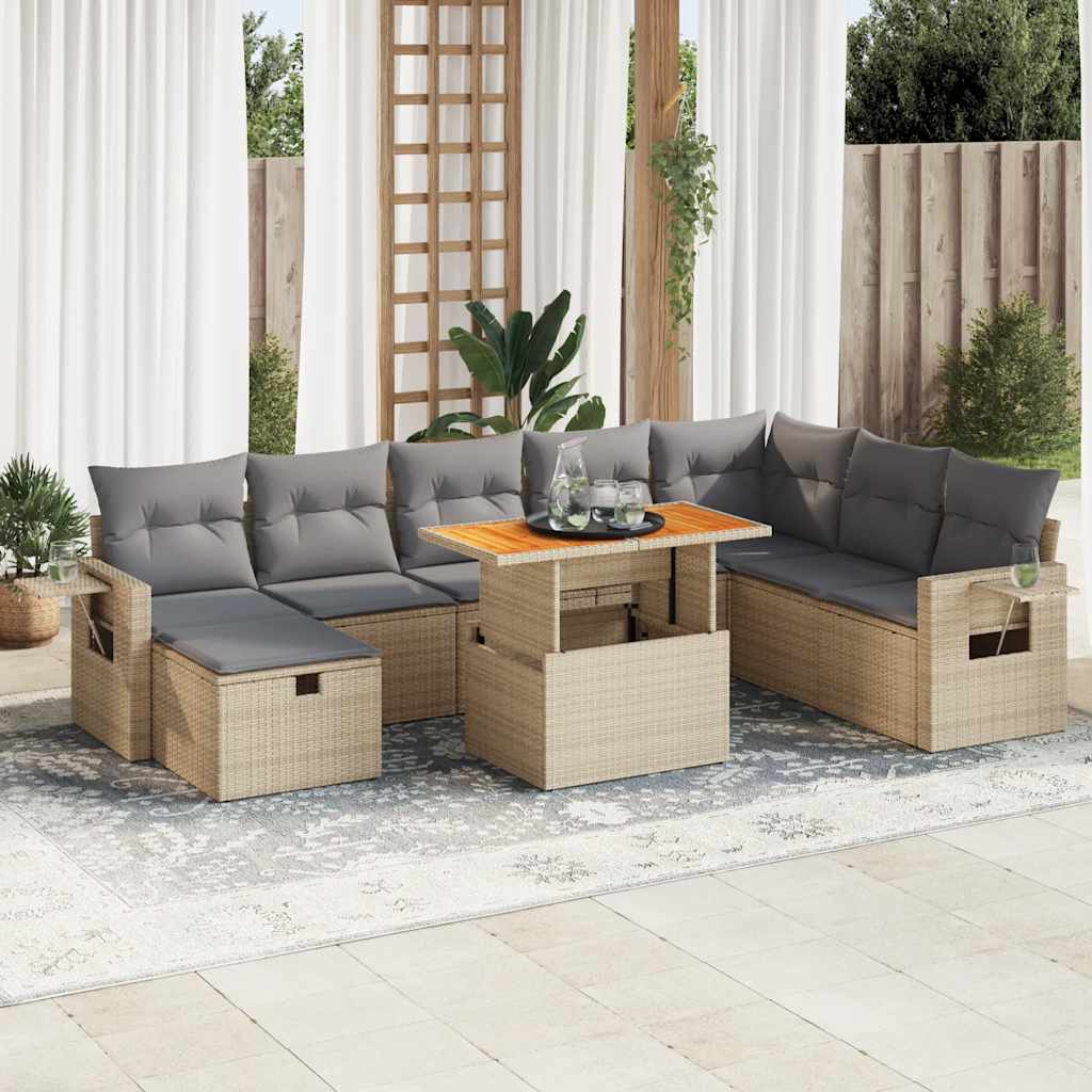 vidaXL Set sofás jardín y cojines 9 pzas ratán sintético acacia beige