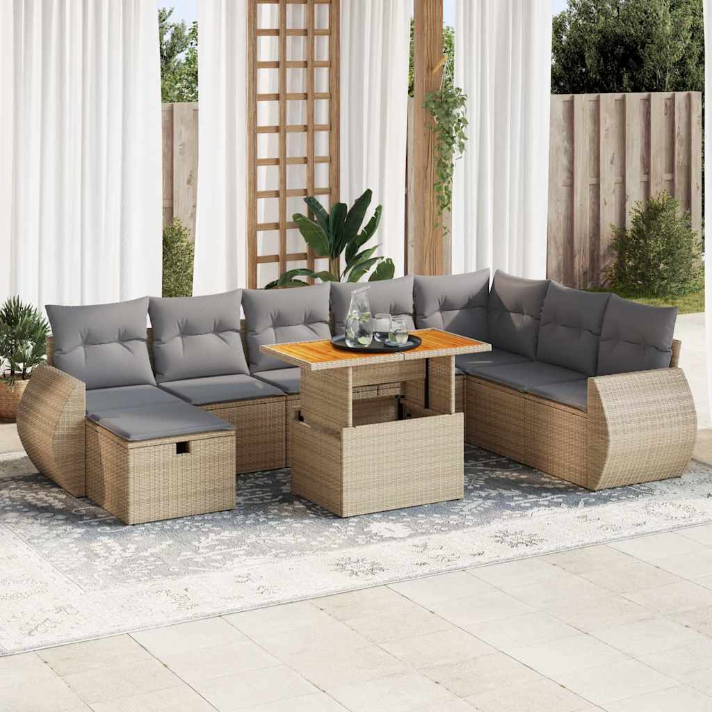 vidaXL Set sofás jardín y cojines 9 pzas ratán sintético acacia beige