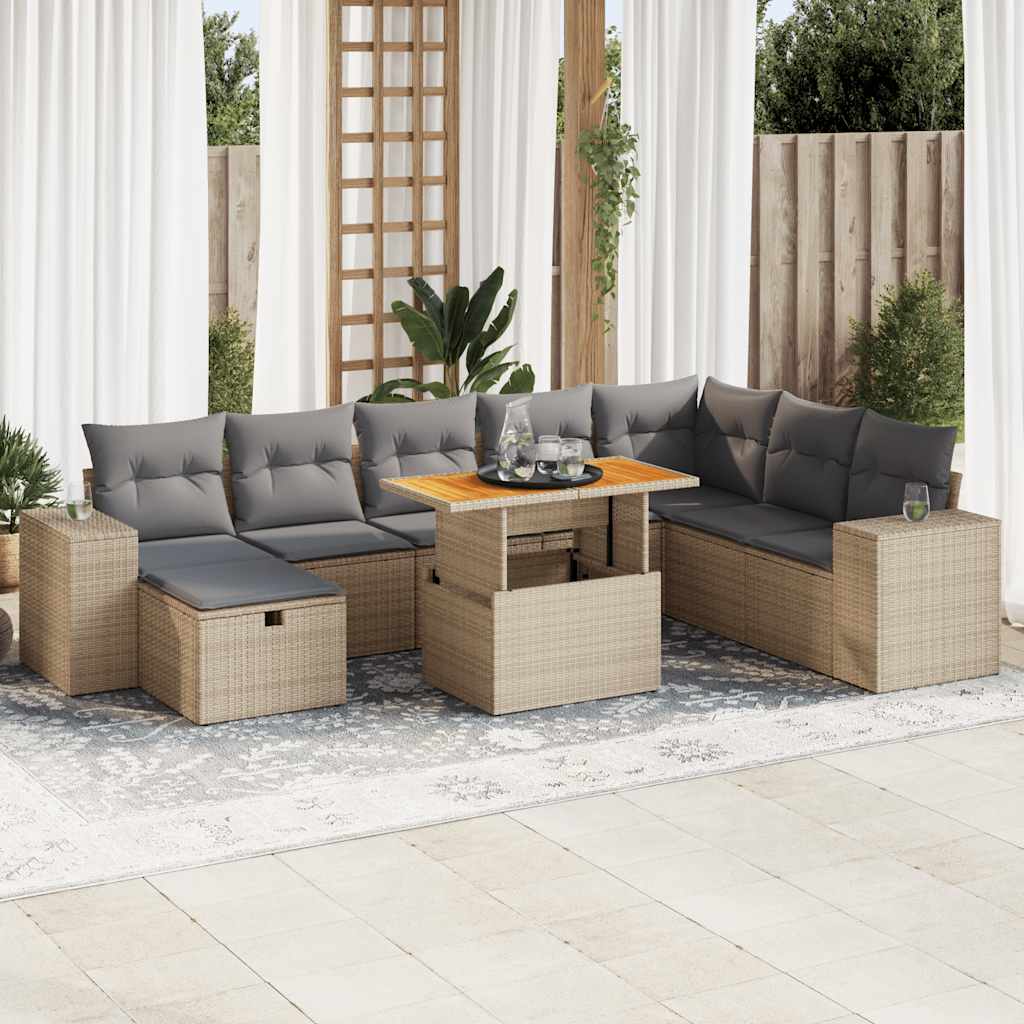 vidaXL Set sofás jardín y cojines 9 pzas ratán sintético acacia beige