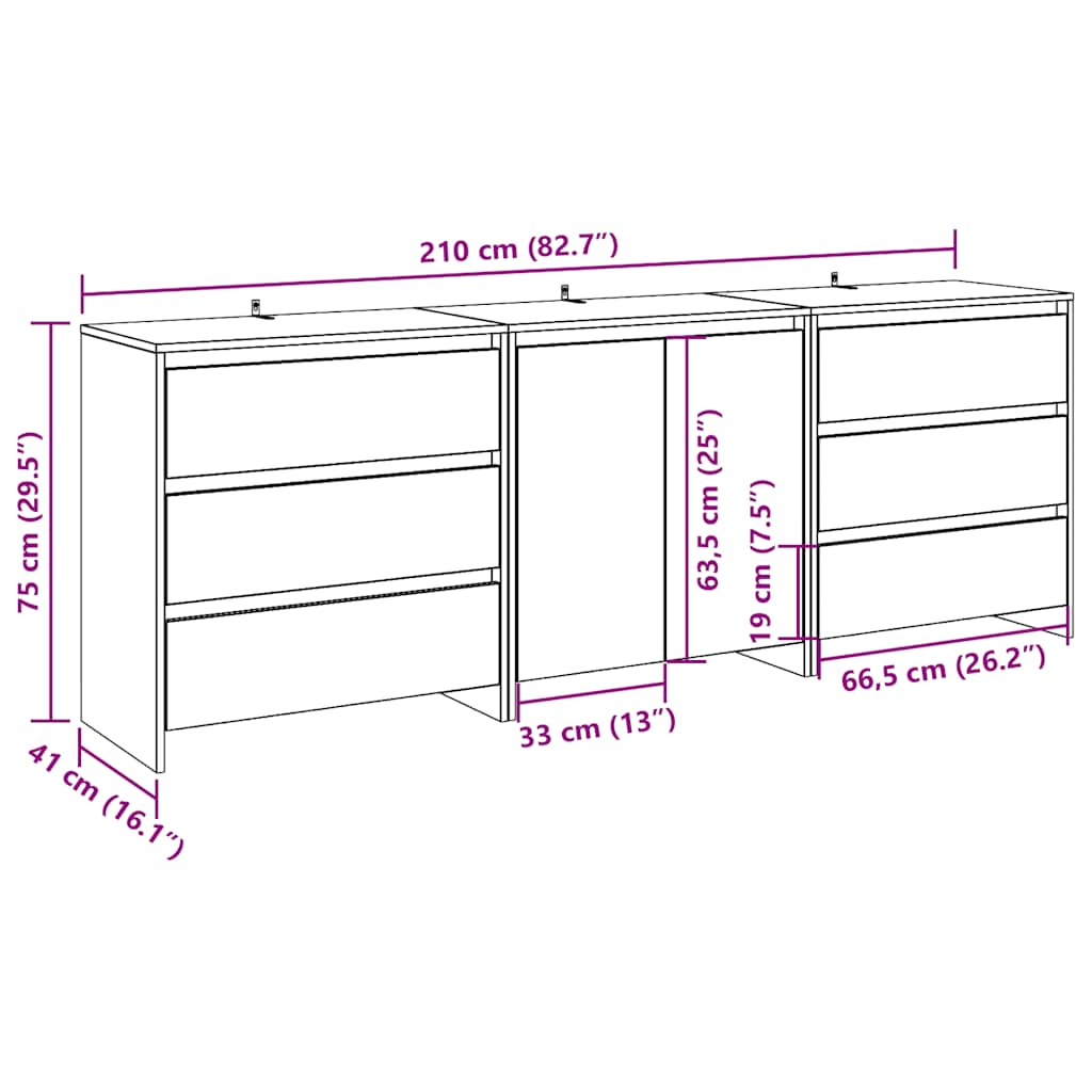 vidaXL Aparador 3 piezas madera contrachapada artesanal roble